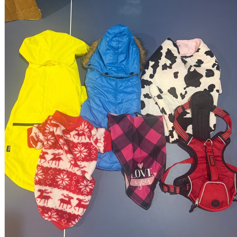 Dog Apparel Bundle Lot 6 Rain Jacket Puffer Vest Harness Sweater Costume Bandana